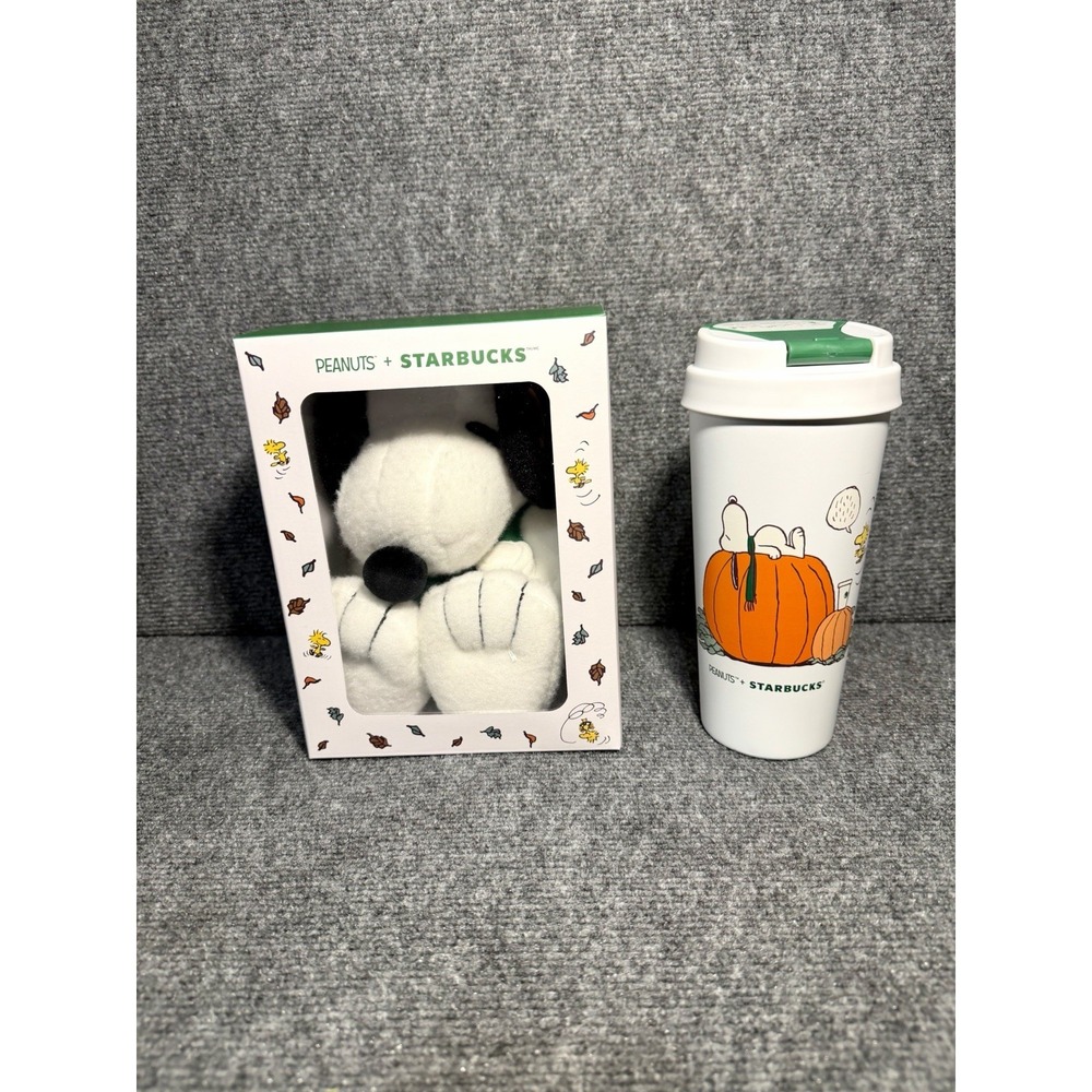 Starbucks Peanuts Snoopy Woodstock Pumpkin Tumbler & Plush Bundle White 16oz